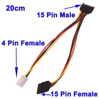 15 Pin SATA Male to 15 Pin Female and 4 Pin Voeding Kabel, Lengte: 20cm